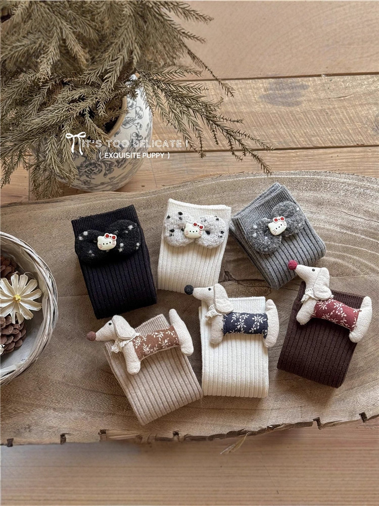 HQD5061秋季新款儿童袜子宝宝可爱卡通公仔中筒袜花边直板袜