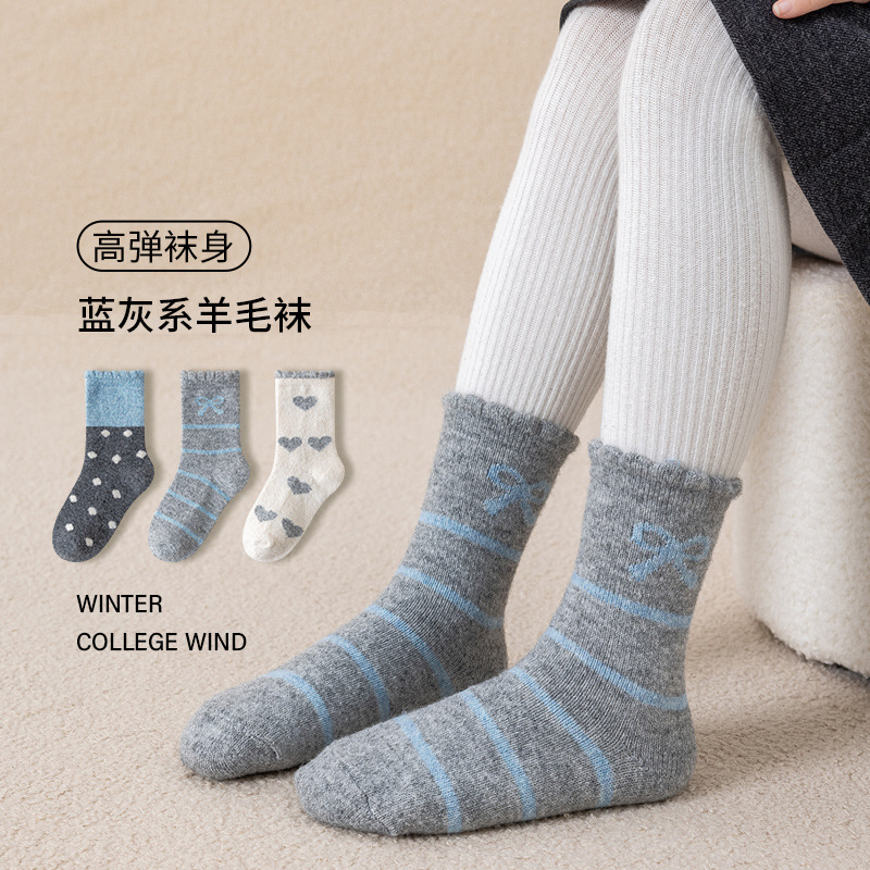 XY121冬季女童堆堆袜羊毛儿童袜子保暖韩系圆点爱心长袜中筒袜