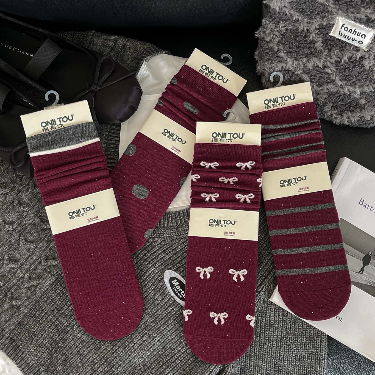 指有你秋冬安可拉红长绒棉堆堆袜 舒适不脱落竖条纹高筒miu系穿搭