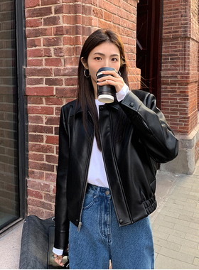 黑色翻领pu皮衣外套女2024秋季新款宽松机车服拉链短款夹克上衣女