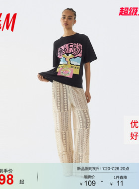 HM女装T恤2026夏季新款文艺复古穿搭乐队印花宽松圆领短袖1314589