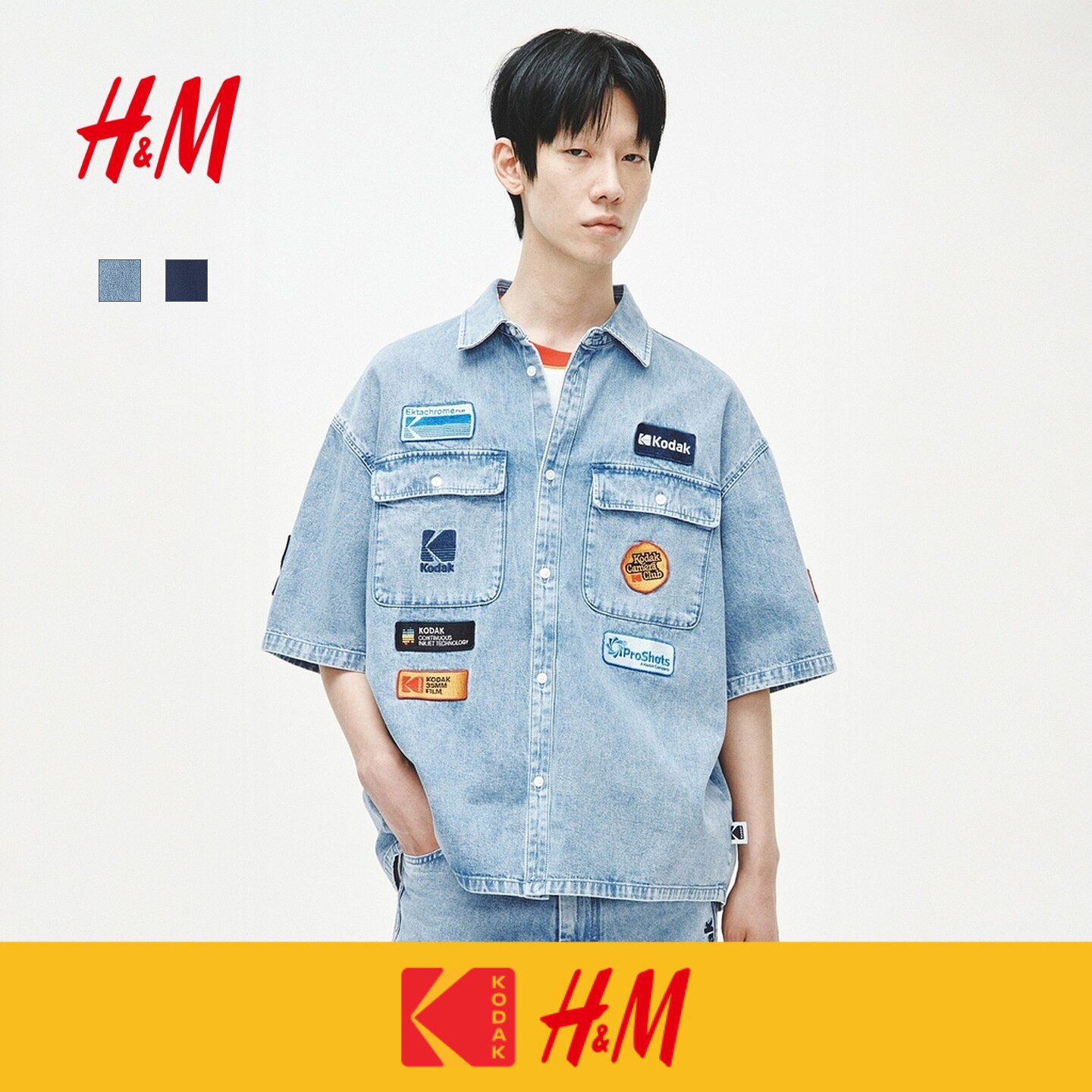 【侯明昊同款】HM柯达男装衬衫2026夏季新款宽松牛仔衬衫1342688