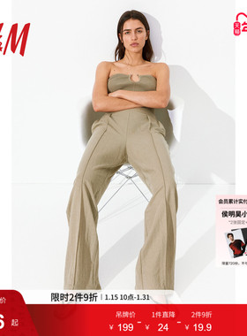 HM女装裤子冬季烫折线松紧高腰灰色休闲通勤气质阔腿西裤1091186