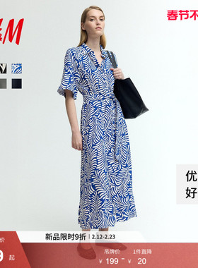 HM女装连衣裙春季新款度假风腰部系带衬衫式植物印花长裙1217576