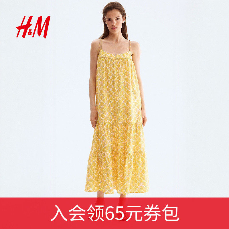HM女装连衣裙夏季波嬉风印花宽松吊带长裙海岛风大摆裙129042