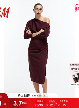 HM女装红色连衣裙冬季气质垂褶单肩连衣裙1253897