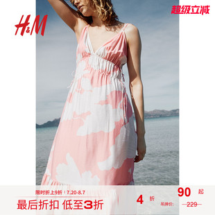 HM女裝 氣質(zhì)抽繩喇叭裙擺中長植物印花吊帶長裙1233862 連衣裙秋季