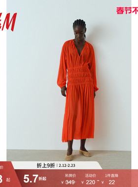 HM女装红色连衣裙新年战袍灯笼袖小镂空腰部缩褶A字长裙1265345