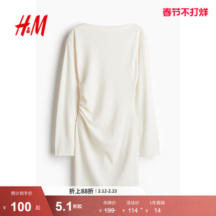 HM女装连衣裙春季气质优雅礼服内搭一字领垂褶紧身A字短裙1264597