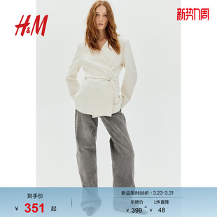 V领宽松长袖 HM女装 配腰带围裹式 春季 气质通勤西服外套1270608 西装