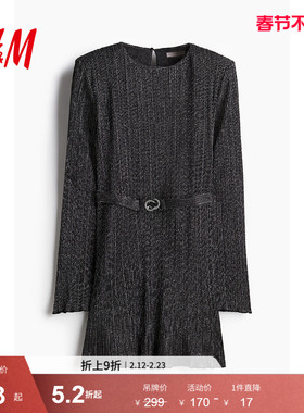 HM女装连衣裙春季圆领休闲垫肩褶皱晚宴party礼服节日裙1245453