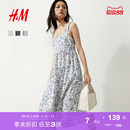 无领连衣裙25夏方领法式 HM女装 喇叭印花吊带设计感碎花裙1287798