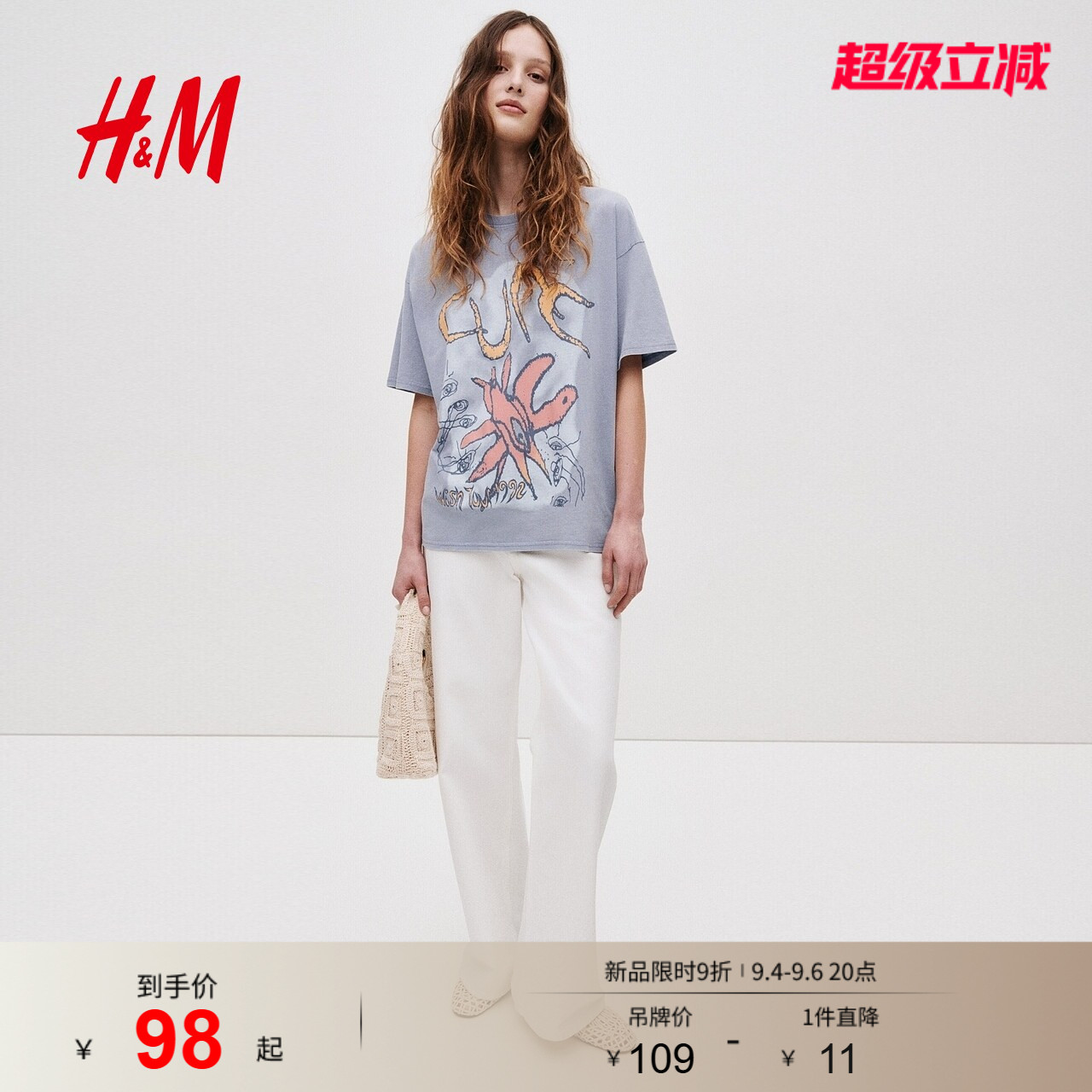 HM女装T恤2026夏季新款做旧工艺印花图案大廓形乐队上衣1314589图片