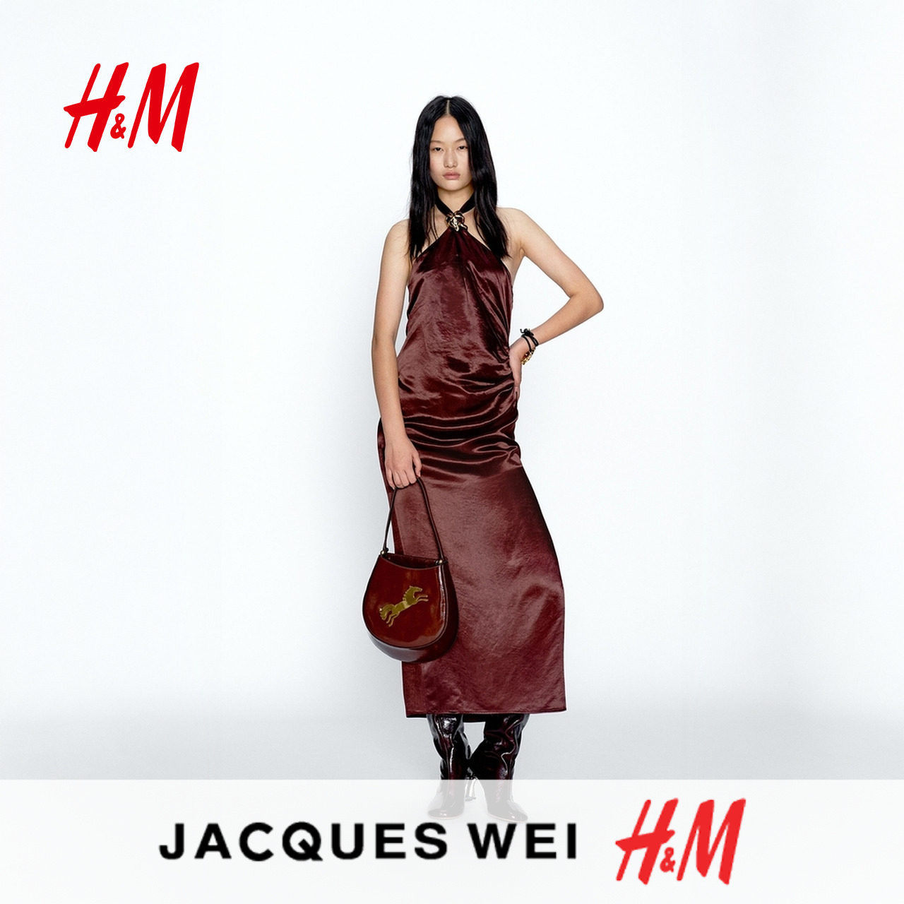 JACQUES WEI H&M女装连衣裙2026夏季新款缎质挂脖礼服裙1333010