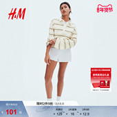 HM女装 上衣1292502 翻折领条纹圆领棉质长袖 POLO衫 冬季