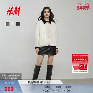 HM女装棉衣棉服春季薄款撞色棉服菱格纹灯芯绒领绗缝外套1000038