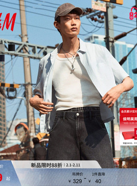 HM男装牛仔裤春季宽松直筒美式时尚舒适牛仔短裤1276629