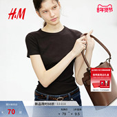 打底柔软舒适修身 HM女装 T恤冬季 直筒圆领红色上衣1157799