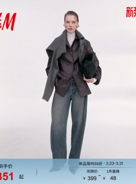 HM女装皮衣冬季涂层时尚修身酒红色纽扣长袖外套1311700