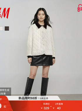 HM女装棉服冬季撞色棉服菱格纹灯芯绒领绗缝外套1000038