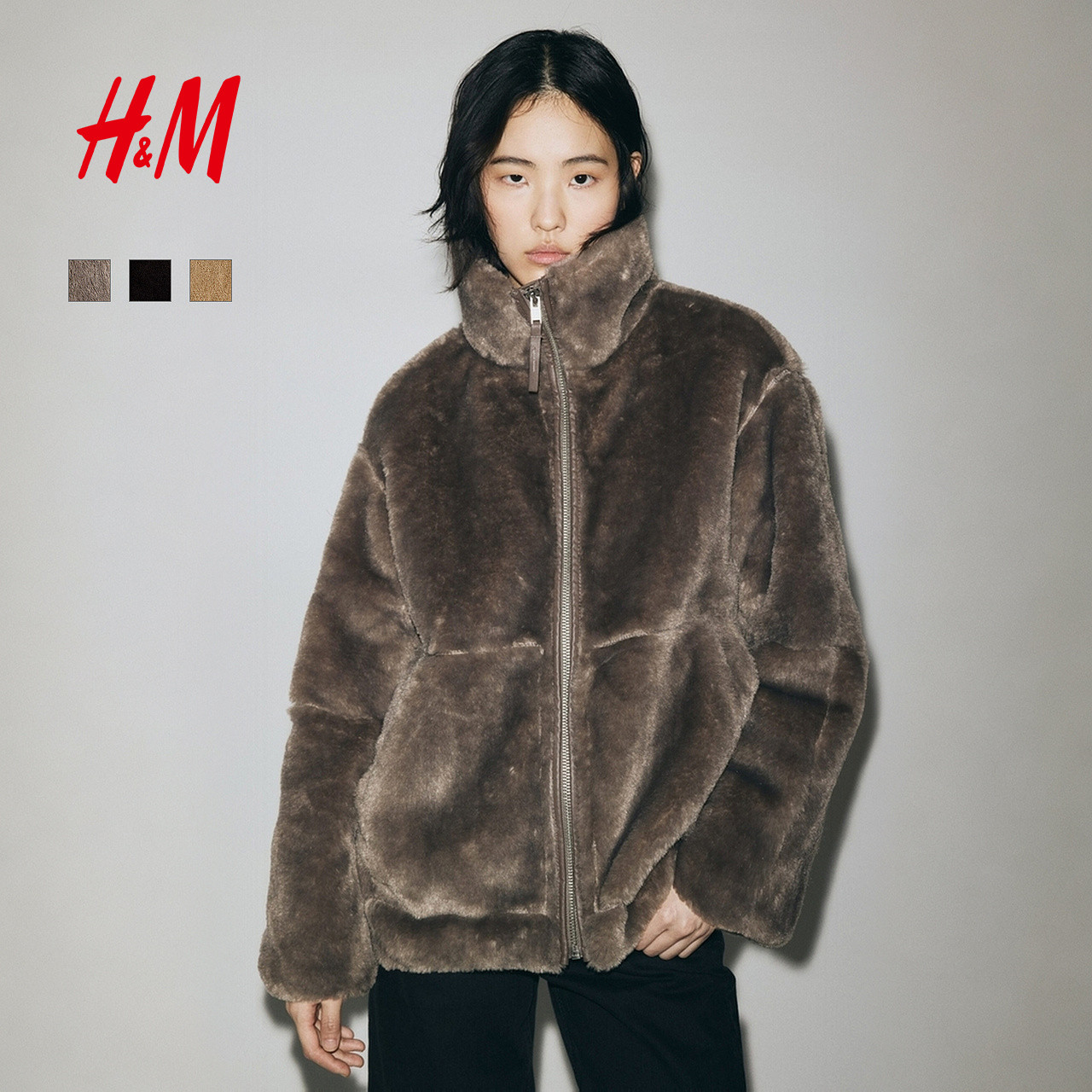 HM女装皮草冬季翻领拉链毛茸大廓形冬装保暖外套1305129