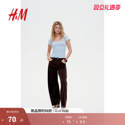 HM女装T恤2025冬季新款蕾丝边网眼短袖修身低圆领短袖上衣1284156
