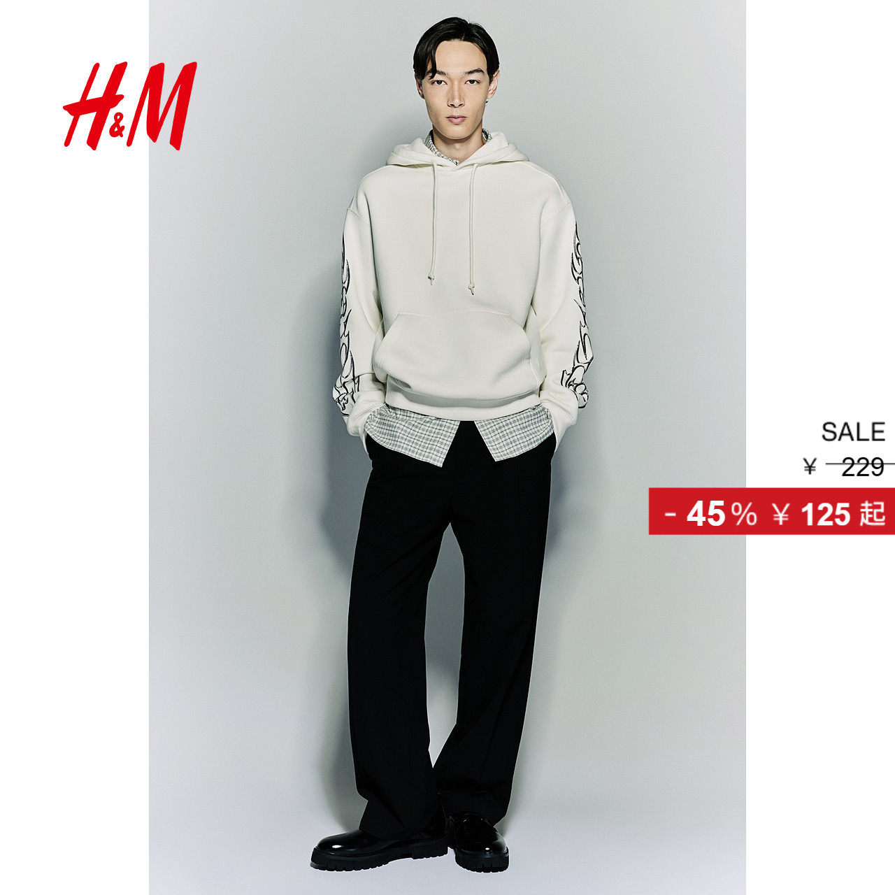 HM男装女装卫衣加绒加厚重磅字母印花情侣装连帽衫打底衫12405