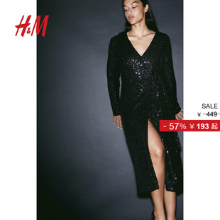 亮片围裹式 时尚 V领中长连衣裙1205467 连衣裙冬季 HM女装