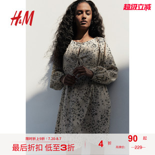 HM女裝 寬松版 型法式 通勤抽繩設計感連身裙1236808 花卉連衣裙秋季