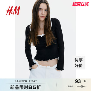 HM女装 锁边罗纹低方领蝴蝶结短上衣1272455 T恤秋季 修身