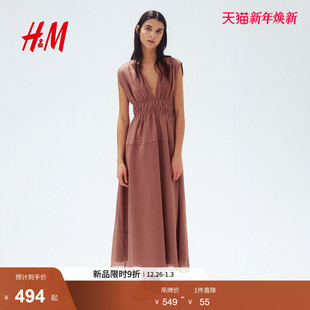 HM连衣裙2025年冬季 腰部缩褶苎麻连衣裙1291316 女装