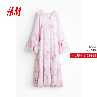 【致臻系列】HM女装花卉连衣裙冬季长袖优雅气质雪纺长裙1231199