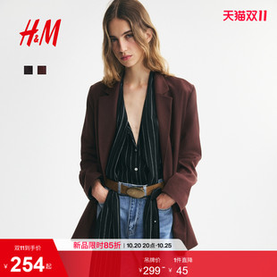HM女装西装双排扣休闲平驳领职业装垫肩收腰外套正肩上衣1232584
