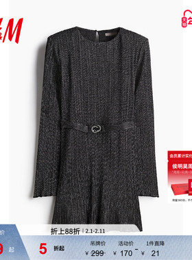 HM女装连衣裙春季圆领休闲垫肩褶皱晚宴party礼服节日裙1245453