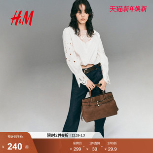 衬衫 收腰长袖 2025冬季 绑带设计棉质短款 上衣1318232 新款 HM女装