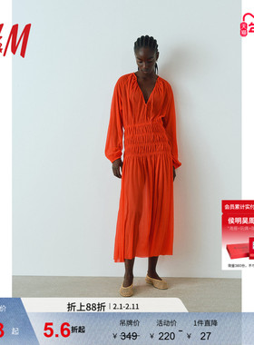 HM女装红色连衣裙新年战袍灯笼袖小镂空腰部缩褶A字长裙1265345