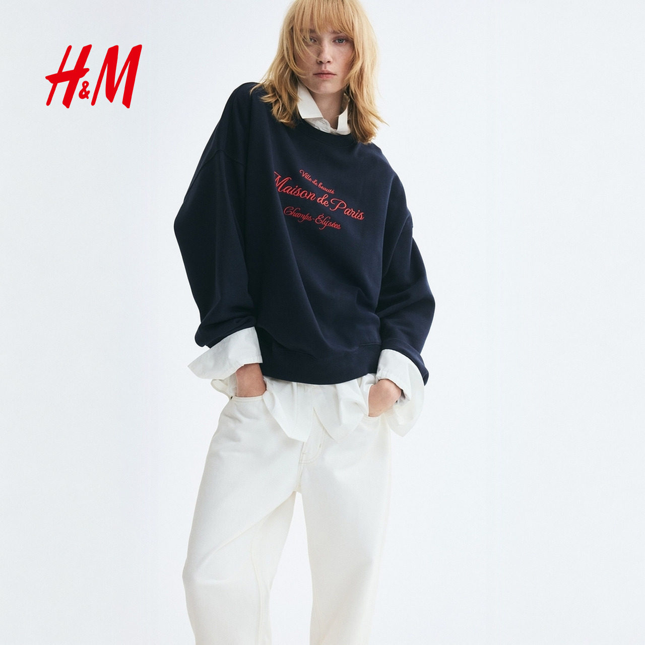 HM女装卫衣2026秋季新款宽松版圆领罗纹抓绒下摆字母上衣1359860