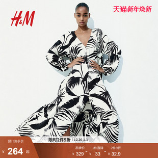 植物印花长裙1226566 V领腰部系带绉织灯笼长袖 HM女装 连衣裙冬季