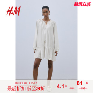 系帶氣質(zhì)感寬松印花燈籠長袖 短裙1217790 連衣裙秋季 HM女裝