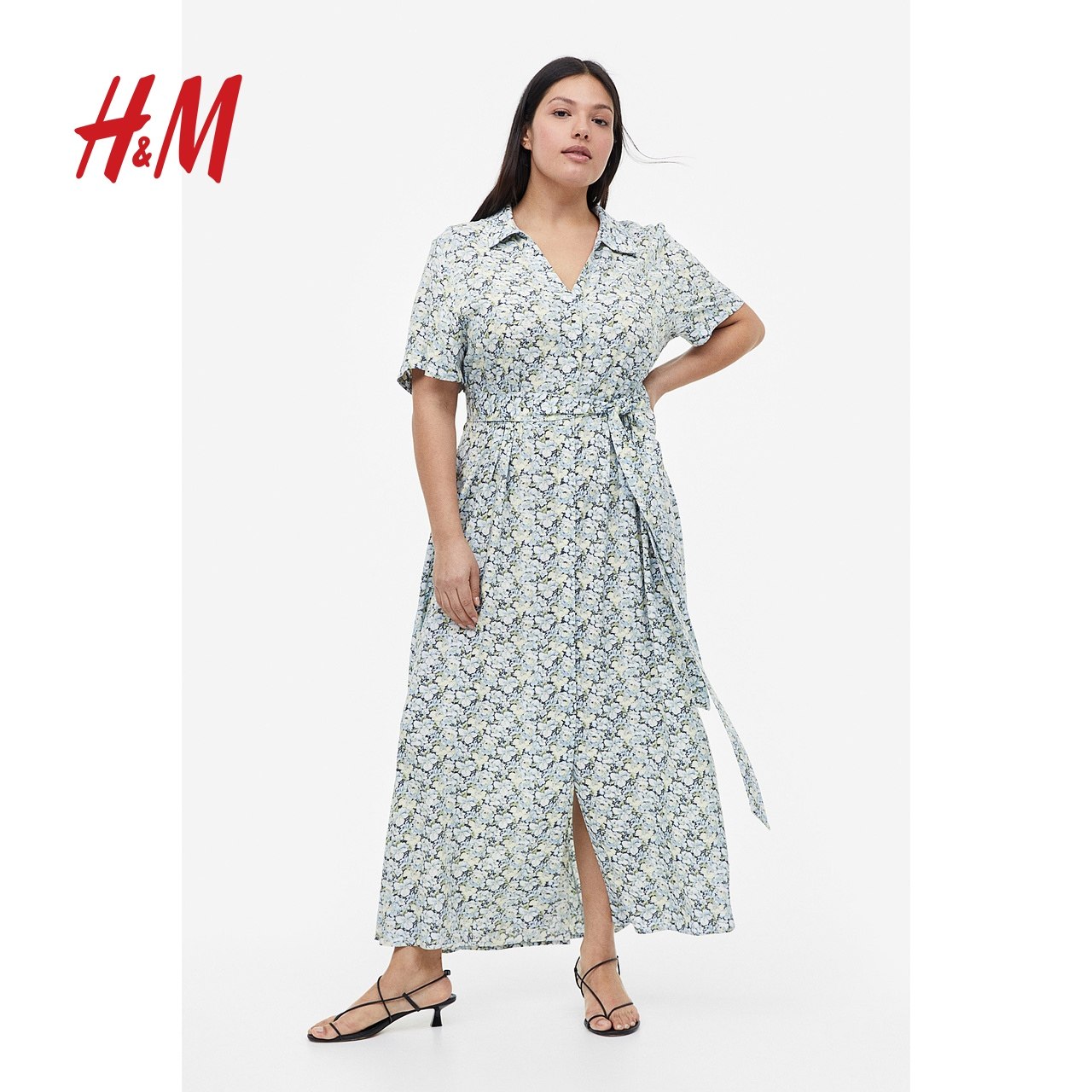 HM女士连衣裙2023夏季温柔修身V领舒适大码短袖花卉连衣裙0942075