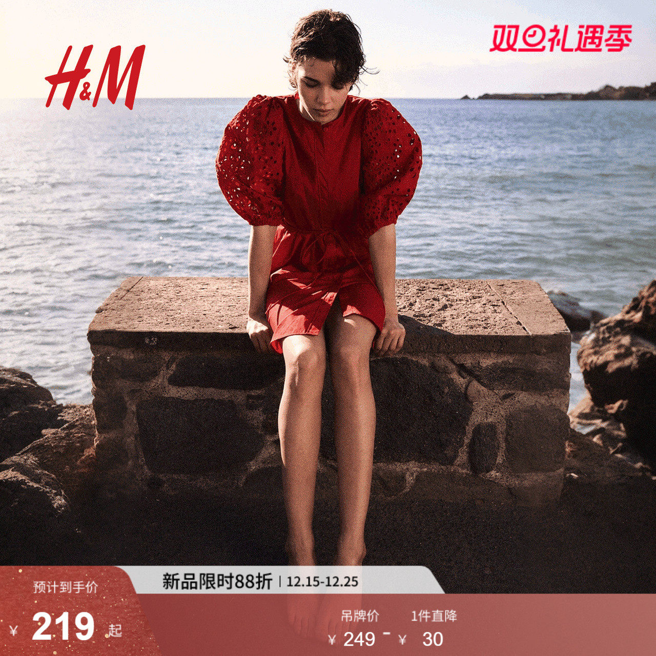 HM女装花卉连衣裙2025冬季新款法式镂空刺绣泡泡袖褶皱裙127