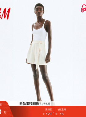 HM女装休闲裤春季配腰带通勤直筒宽松时尚短裤1292911