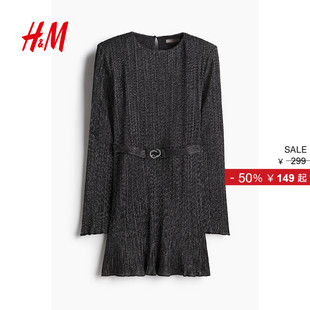 HM女装 圆领休闲垫肩褶皱晚宴party礼服节日裙1245453 连衣裙冬季