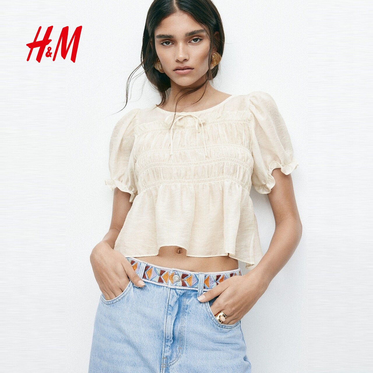 HM女装衬衫2026春季新款绑结通勤简约缩褶浪漫繁复衬衫1316657