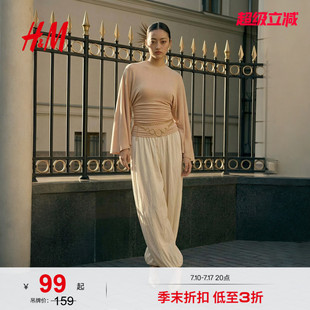 HM女装T恤2026夏季新款柔飒褶皱穿搭蝙蝠袖针织长袖上衣1000087
