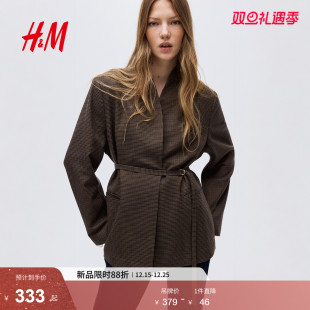 新款 2025年冬季 单排扣立领v领配腰带休闲外套1299420 西装 HM女装