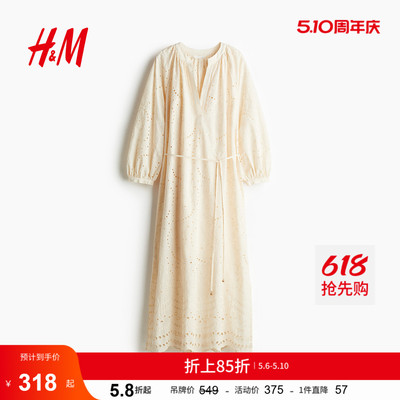 HM女装连衣裙20205年夏季镂空刺绣系带连衣裙1274293