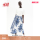 HM女装 高腰印花优雅系带设计府绸A字裙1267431 半身裙春季