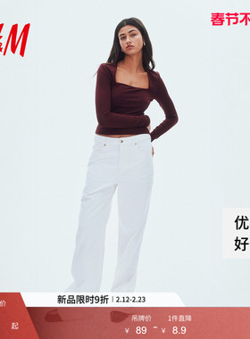 HM女装T恤春季细纤维方领时尚修身内搭红色上衣1300927