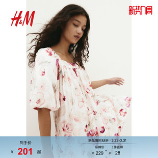 式 HM女装 裙衫 灯笼袖 通勤连身裙1289425 花卉连衣裙春季